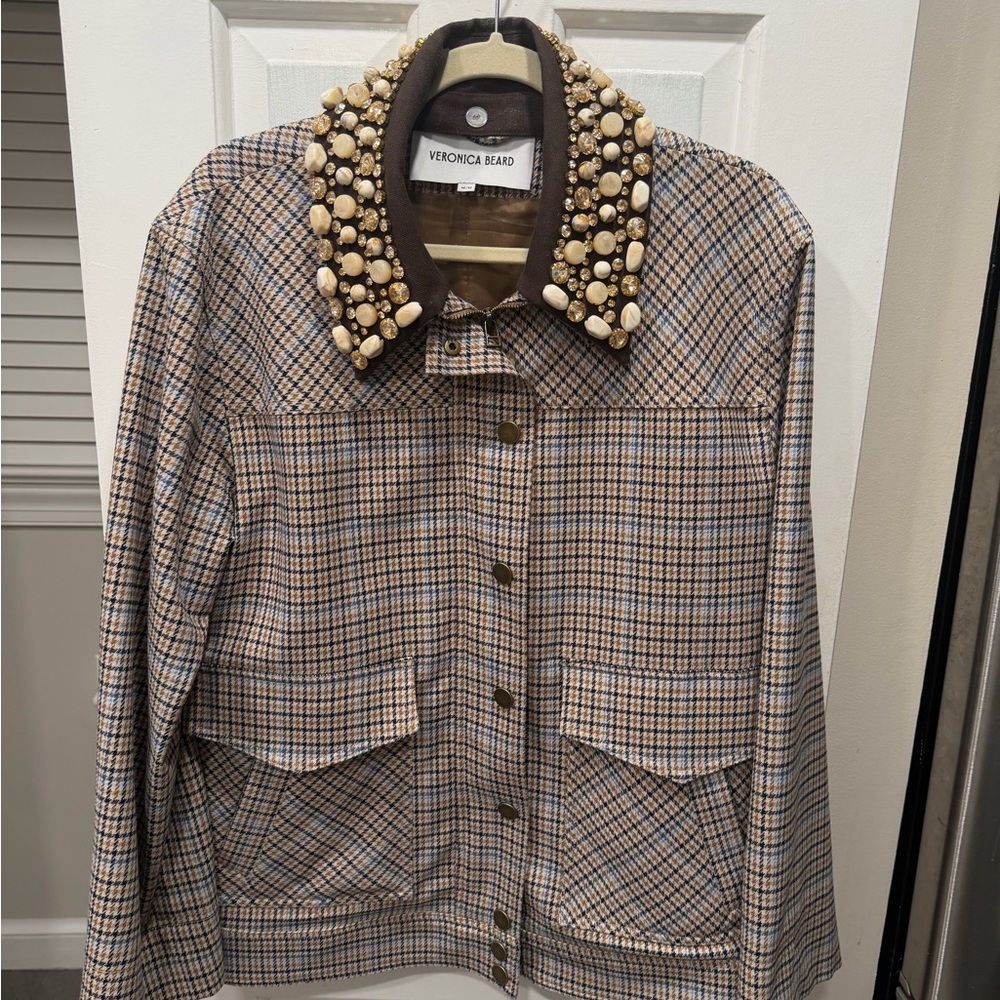 Veronica Beard Kasper Plaid Chore Jacket with removable crystal collar